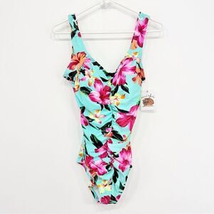 Island Pearls Sea foam Green Hibiscus Floral Ruched One Piece Swimsuit NEW